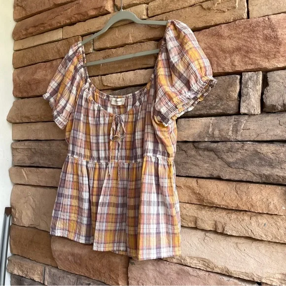 Lucky Brand multicolor plaid boho peasant blouse top Women Large - Like new - Picture 4 of 10